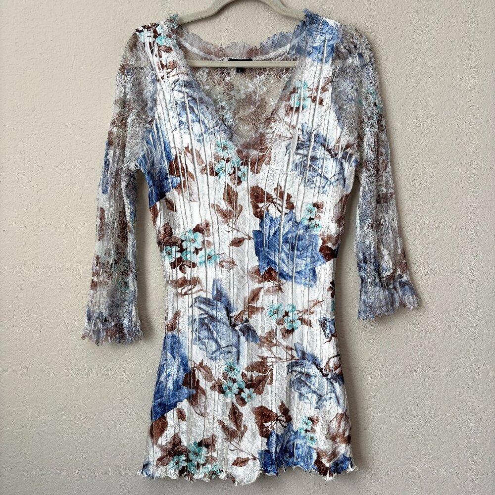 Komarov Floral Print Lace Up Back Crinkle Tunic Blouse Top